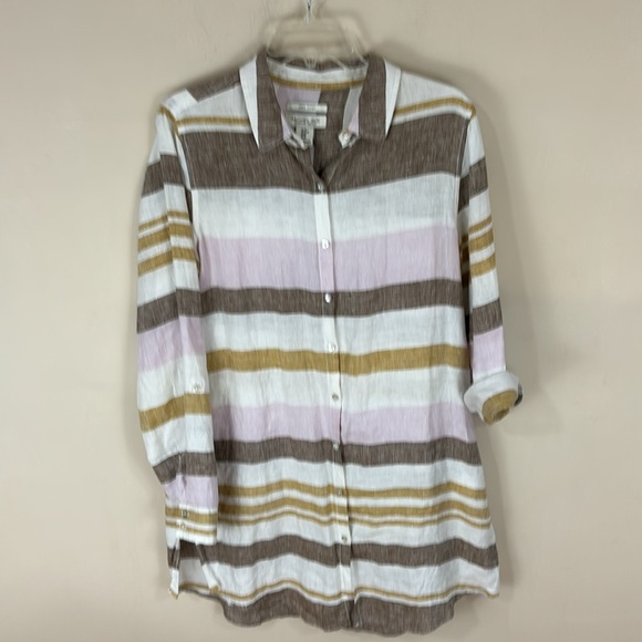 Rachel Zoe 100% Linen Striped Button Up Top Tunic Shirt Size Medium - Picture 1 of 15